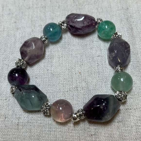 3-Pc Fluorite Amethyst Bracelet Bundle Handmade Artisan Gemstone Stack Set - Picture 4 of 6